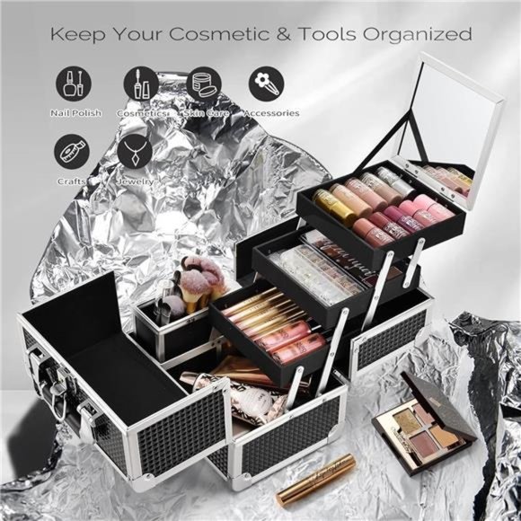 Makeup Box Organizer Large Makeup Case with Mirror 3-Tray Carrying Make-up Case - Picture 3 of 7